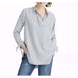 J. CREW Women’s M Blue White Stripe Split Neck Long Tie Sleeve Tunic Top Preppy